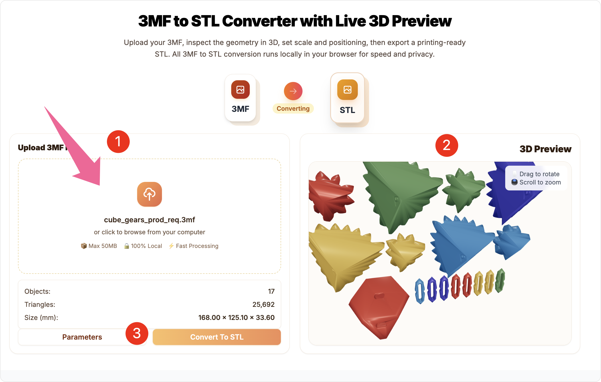 Upload 3MF file for STL conversion